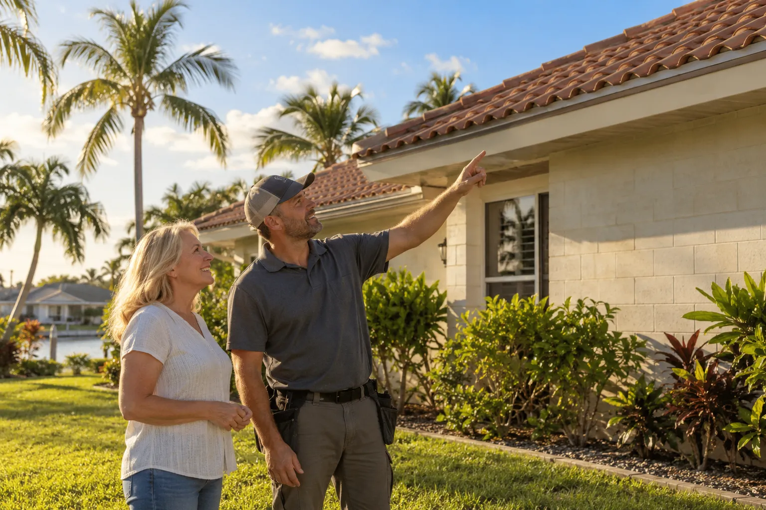 A friendly roofing provider talking with a homeowner in front of a Tampa home with a tile roof